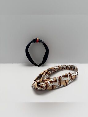 Navy Knot Headband and Patterned Brown Twisted Headband Set